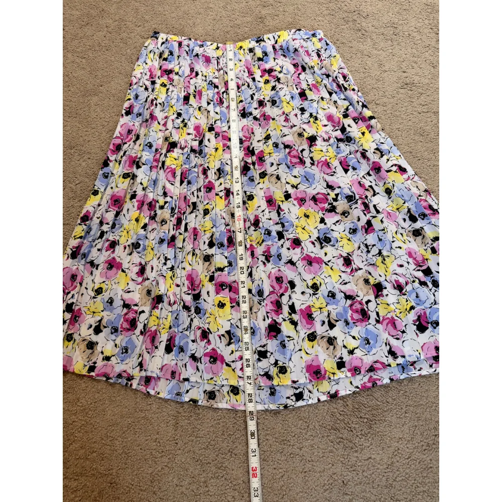 Womens DANA BUCHMAN Midi Skirt L White Floral Pleated Romantic Breezy Artsy Airy